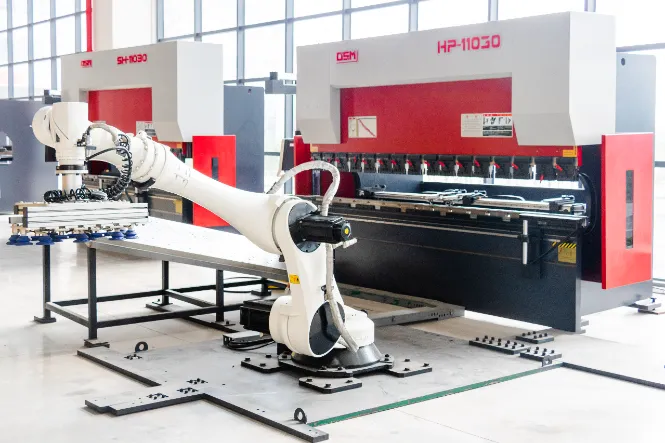 Image of OSM press brake equipped with robotic arm, showcasing automated bending production line enhancing efficiency and precision.