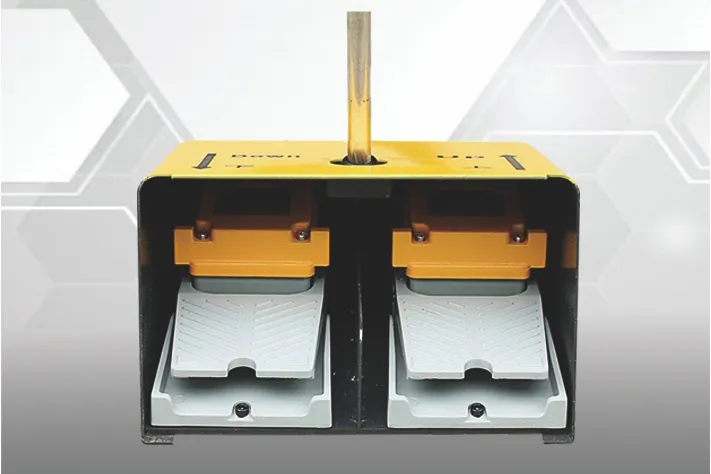 Close-up of OSM CNC press brake foot pedal switch, designed for convenient operation and enhanced production safety.