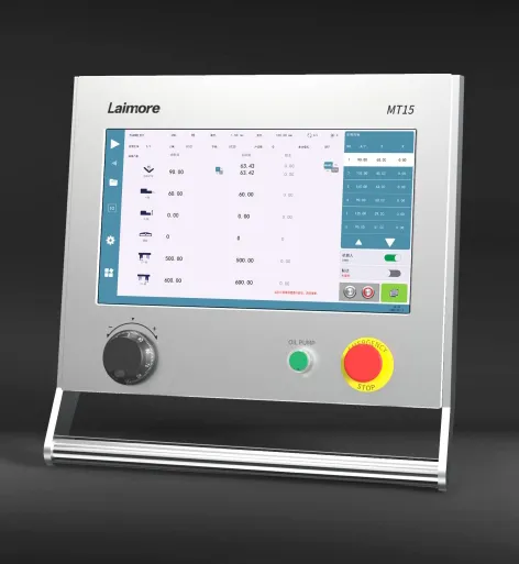 Close-up of OSM Laimore EL15T/MT15T CNC system featuring a high-definition color touchscreen and built-in PLC, supporting 2D graphical programming, unfolding length calculation, graphical upper and lower die and multi-edge die design, with bending simulat