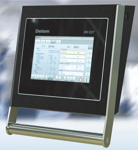 Close-up of Delem DA-50/DA-60 series CNC control system, featuring high-performance bending machine controller with a user-friendly interface, multi-functional programming, and precise bending control for improved productivity and accuracy.