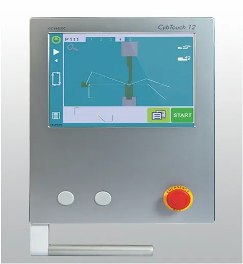 Close-up of OSM CybTouch CNC press brake system, featuring extensive bending functions, easy operation, precise matching to press brake requirements, multi-step bending sequence storage, manual control, and various automation features for enhanced user co