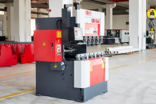 Close-up left front view of OSM OG-50III under-actuated hydraulic CNC press brake, showcasing machine details and high-precision design.