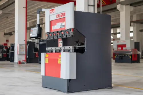Close-up right front view of OSM OG-50III under-actuated hydraulic CNC press brake, showcasing the machine’s overall structure and precision design.