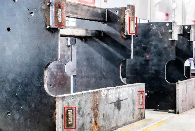 Close-up of OSM press brake body, showcasing sturdy construction and excellent manufacturing craftsmanship.