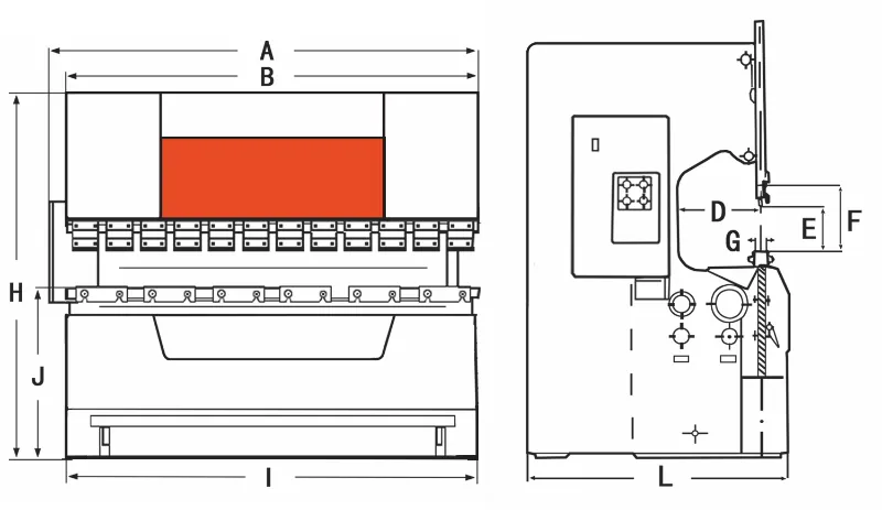 Dimension drawing of OSM OG series press brake, showing detailed equipment specifications and structural parameters.