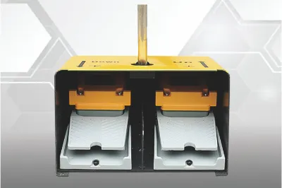 Close-up of OSM CNC press brake foot pedal switch, designed for convenient operation and enhanced production safety.