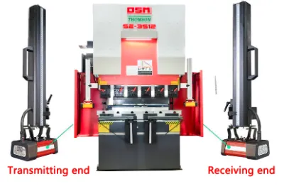 Close-up of OSM SE series all-electric servo CNC press brake with laser safety light curtain system for enhanced operator safety and precision.
