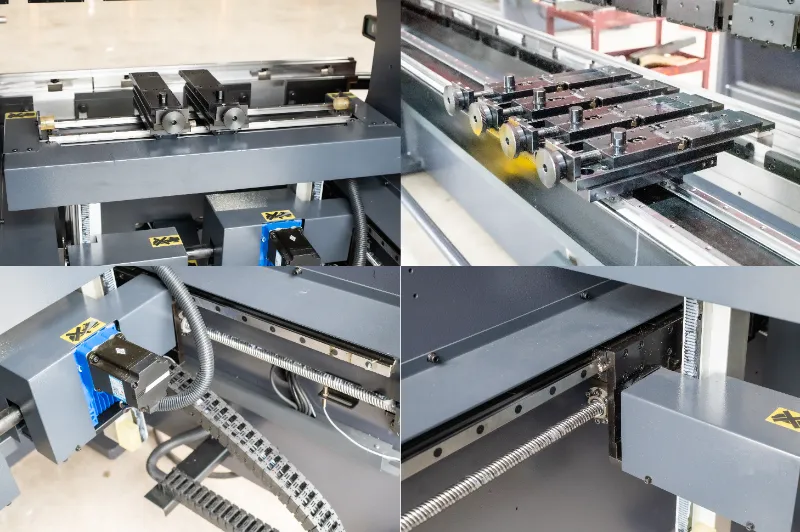 Close-up collage of OSM press brake automatic back gauge system, showcasing efficient and precise automated bending support equipment.
