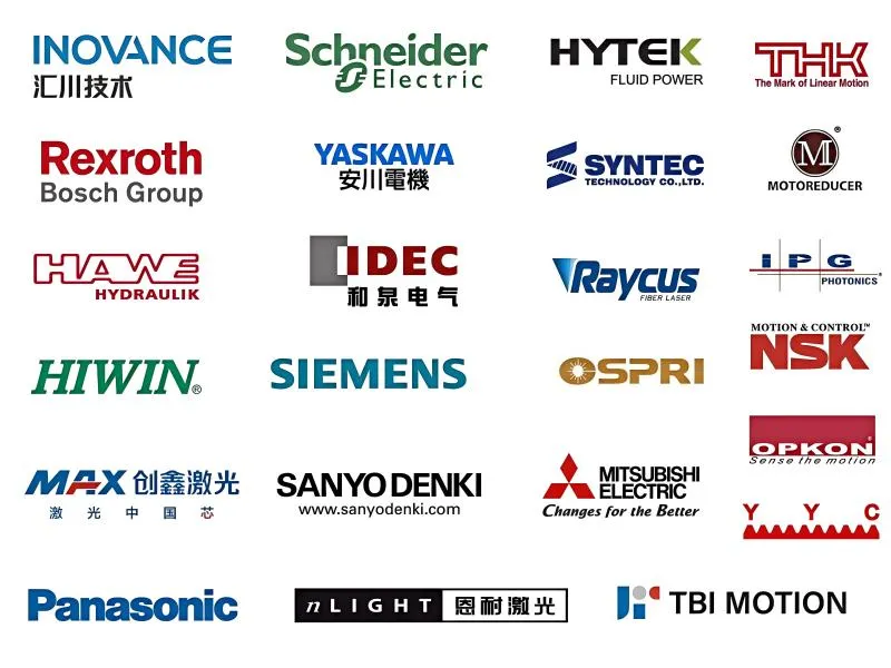 Collection of top-tier component brand logos used by OSMA CNC machines, highlighting the use of trusted brands for reliability and easy maintenance.