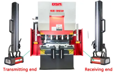 Close-up of OSM SE series all-electric servo CNC press brake with laser safety light curtain system for enhanced operator safety and precision.