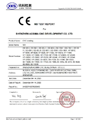 OSM press brake inspection report image showing quality certification and technical testing data, ensuring product performance and safety standards.