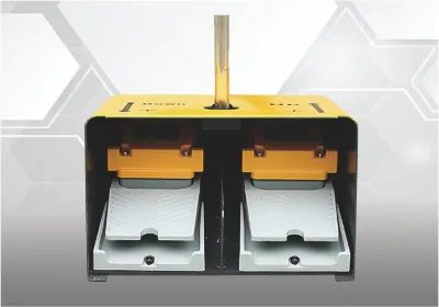 Close-up of OSM CNC press brake foot pedal switch, designed for convenient operation and enhanced production safety.