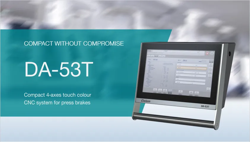 OSM press brake equipped with Delem DA-53T CNC controller featuring graphical programming and automatic bending control for improved efficiency and ease of use.