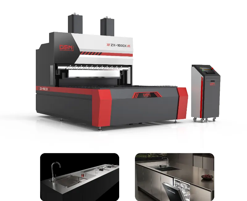 OSM flexible bending center for kitchen countertop metal parts, featuring automation, high precision, and multi-angle bending for intelligent manufacturing of various countertop designs.