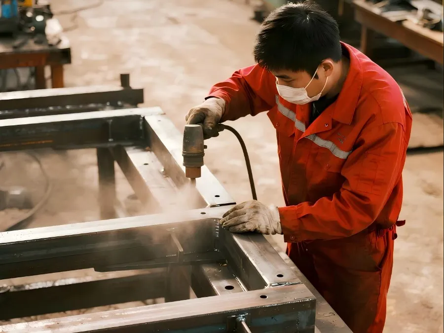 OSM sandblasting process in action, showcasing surface treatment procedures and precision manufacturing advantages.